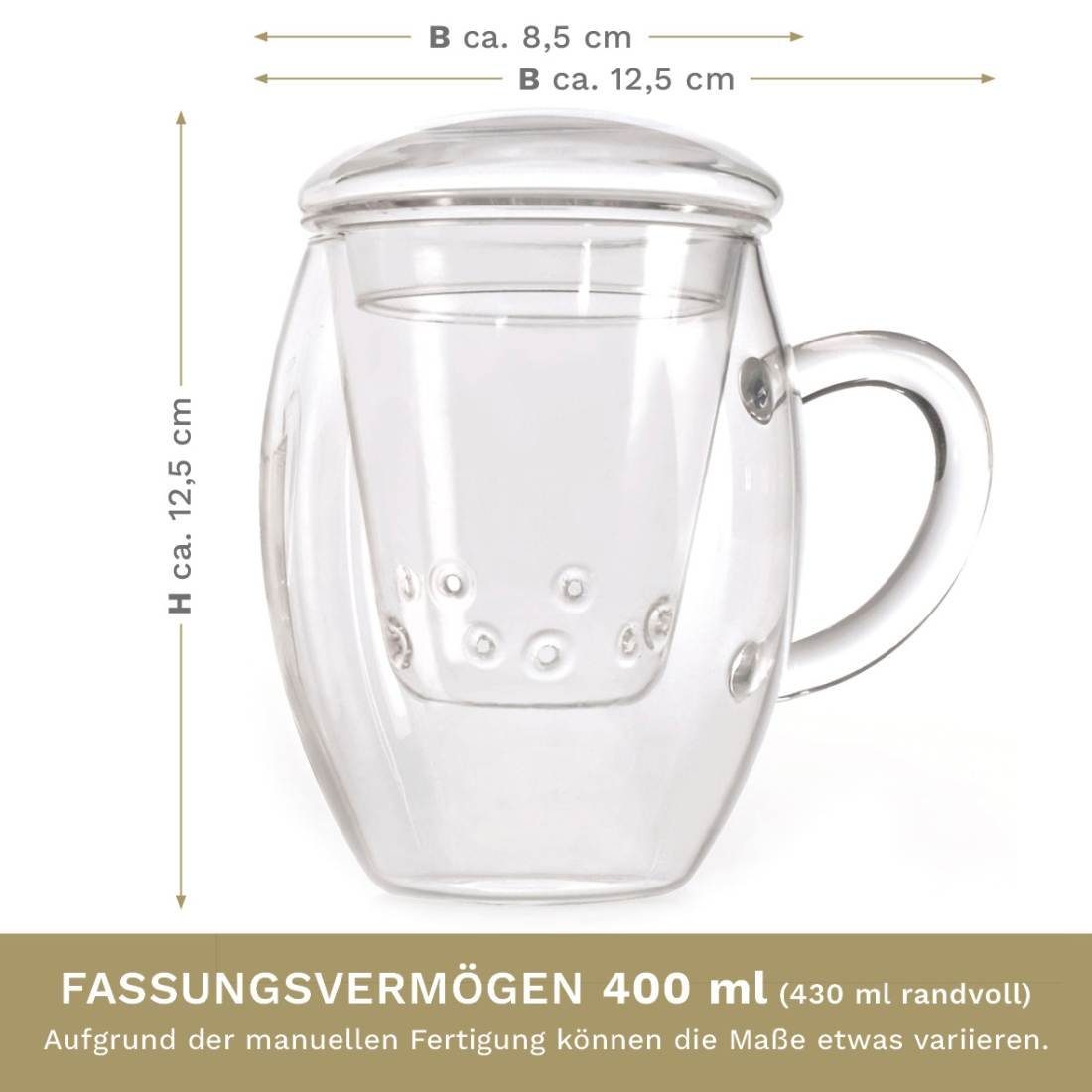 Creano Teeglas All in one, mit Glassieb & Henkel, Borosilikatglas, 3-teilig