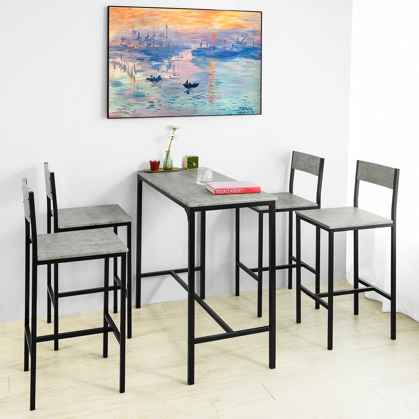 SoBuy Bartisch OGT14, Bartisch Set 5-teilig Sitzgruppe Esstisch Bistrotisch mit 4 Hockern