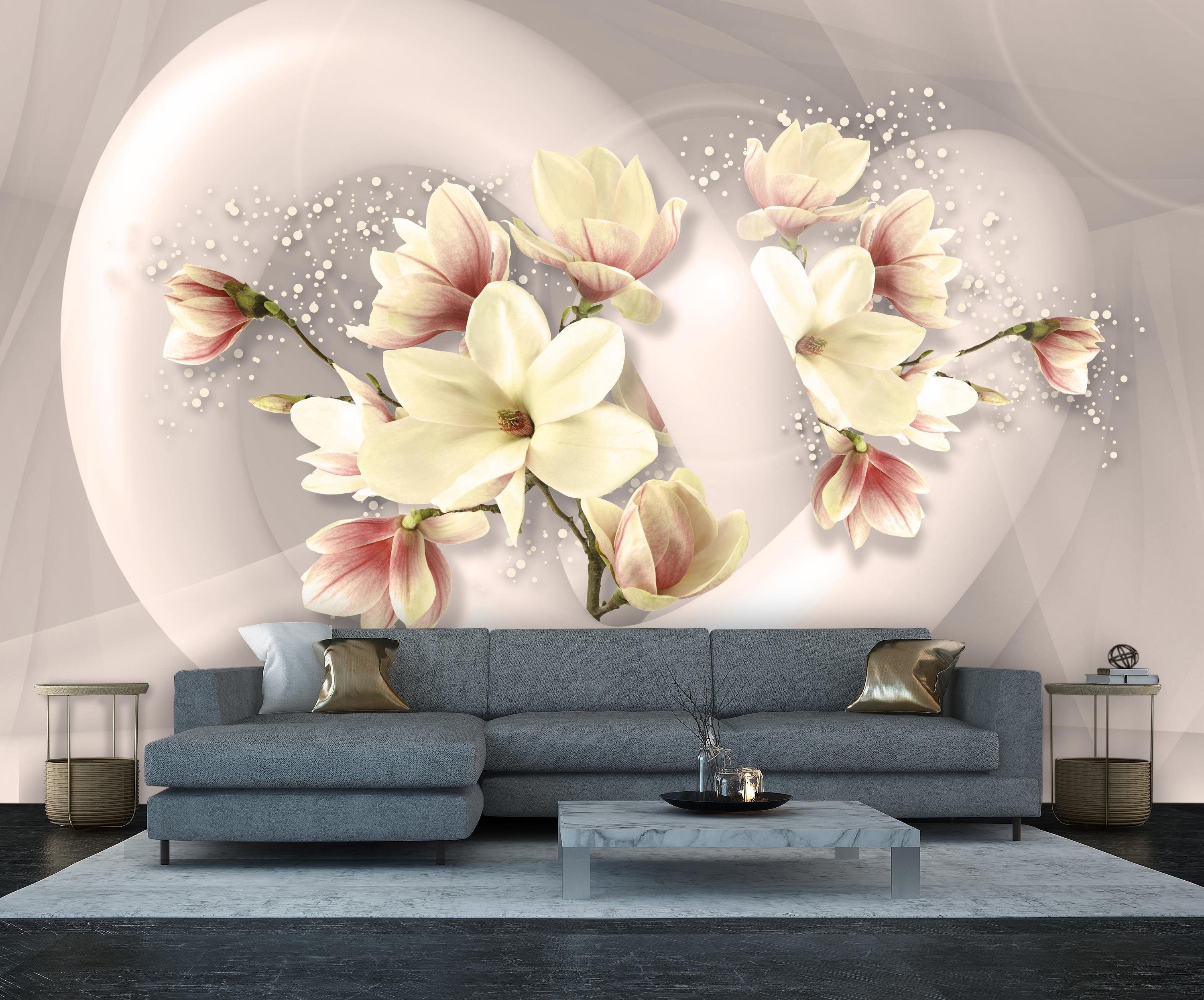 wandmotiv24 Fototapete 3D Form rot Blumen kreis Raum weiss, glatt, Wandtapete, Motivtapete, matt, Vliestapete