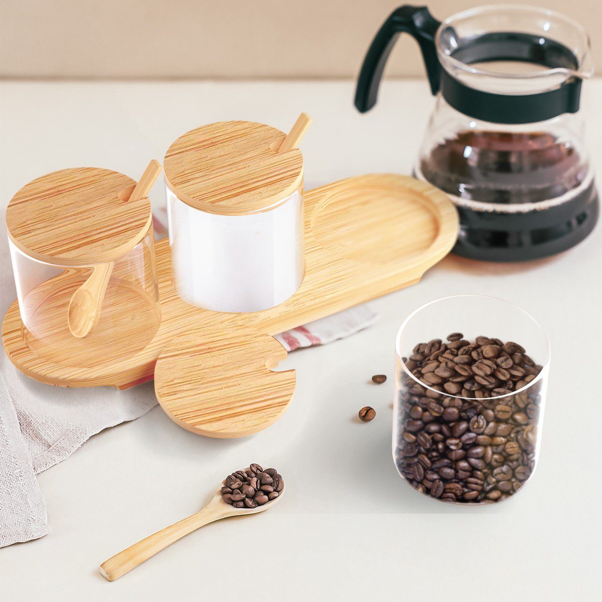 7Magic Gewürzbehälter 250ml/300ml Vorratsdosen, Vorratsglas, mit Bambusdeckel und Holzlöffel 3er Set Vorratsgläser