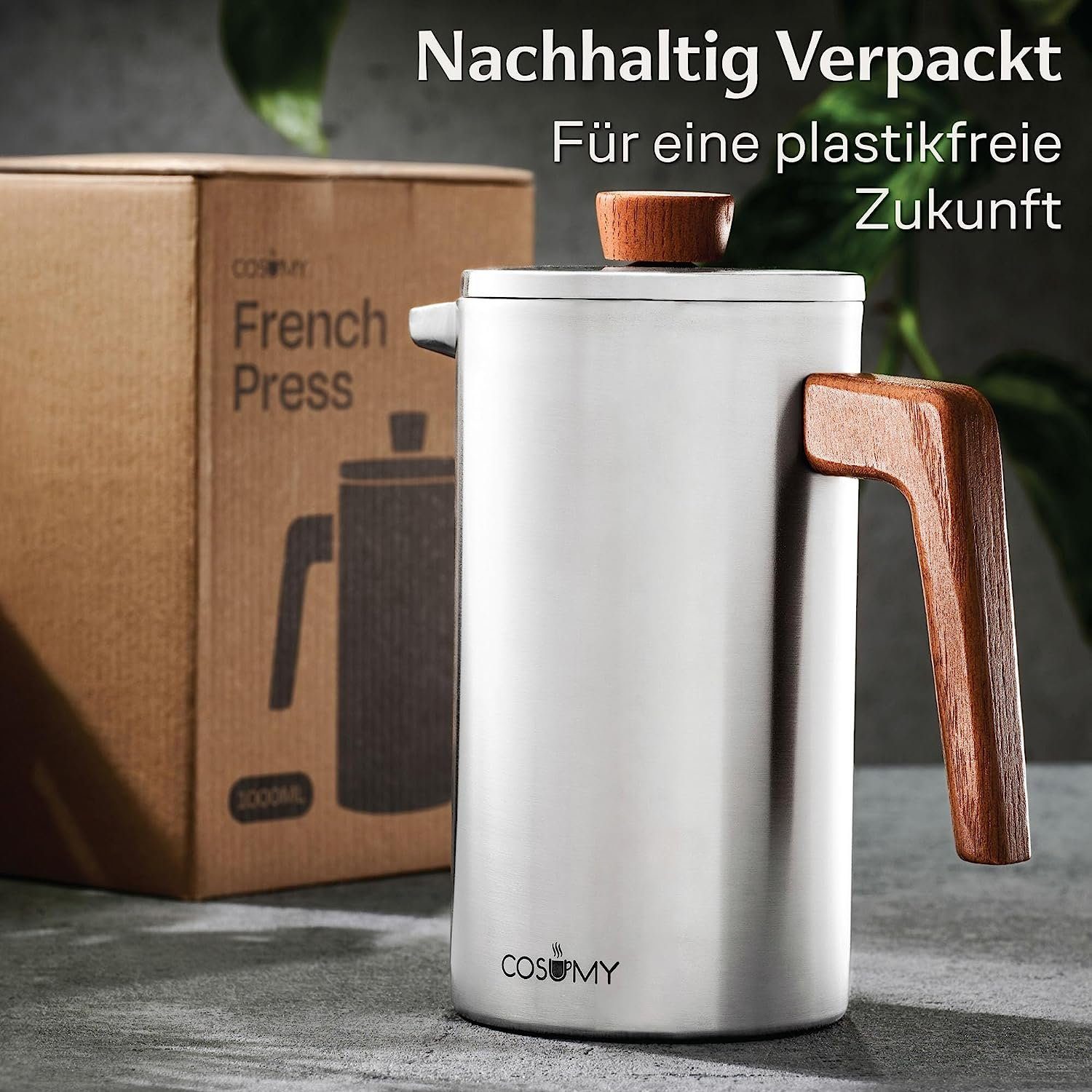 Cosumy French Press Kanne Edelstahl Kaffeekanne, Edelstahlfilter