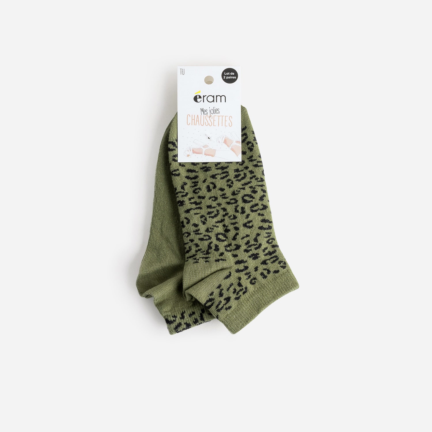 Chaussettes courtes kaki et noir à motif léopard