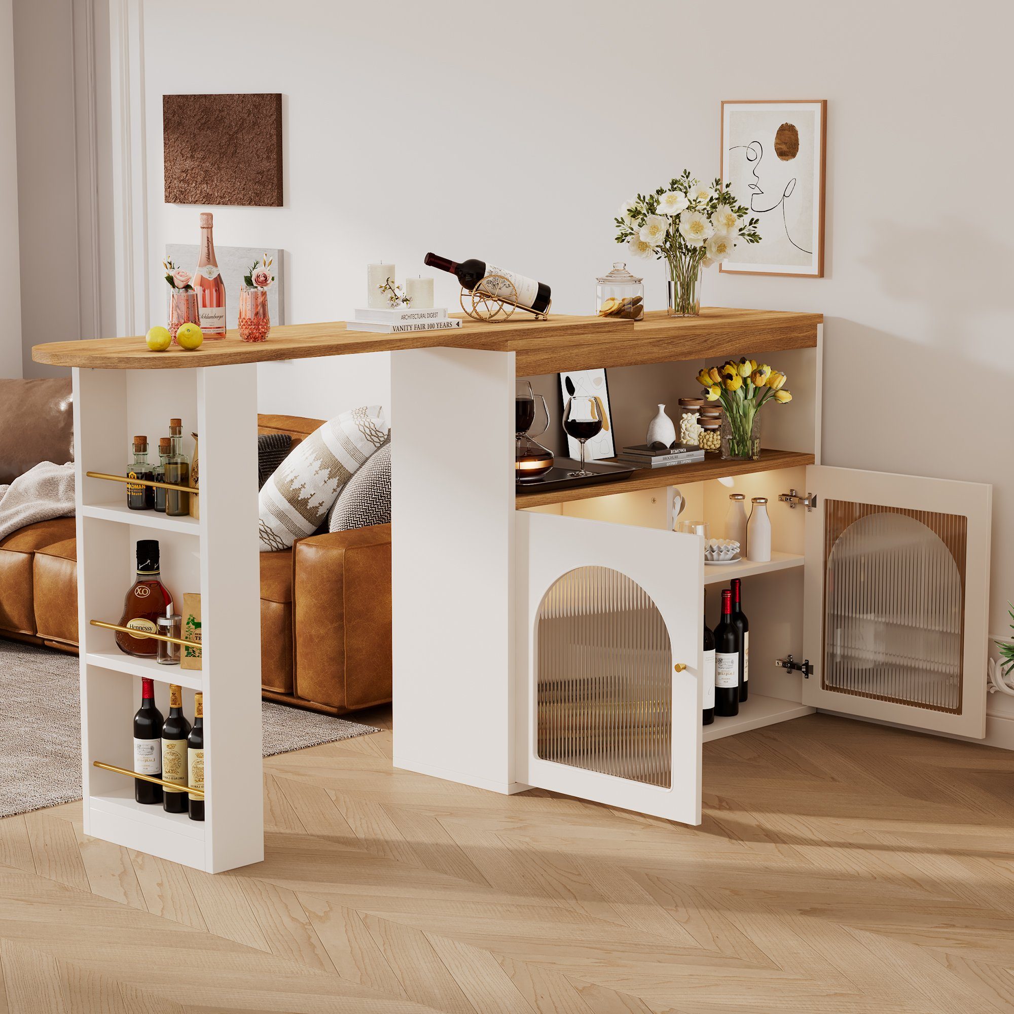 OKWISH Bartisch Stehtisch Ausziehbarer Esstisch (Bunte LED-Lichtleisten Freie 360-Grad-Drehung, 1-St), mit Stauraum, für Esszimmer und Wohnzimmer