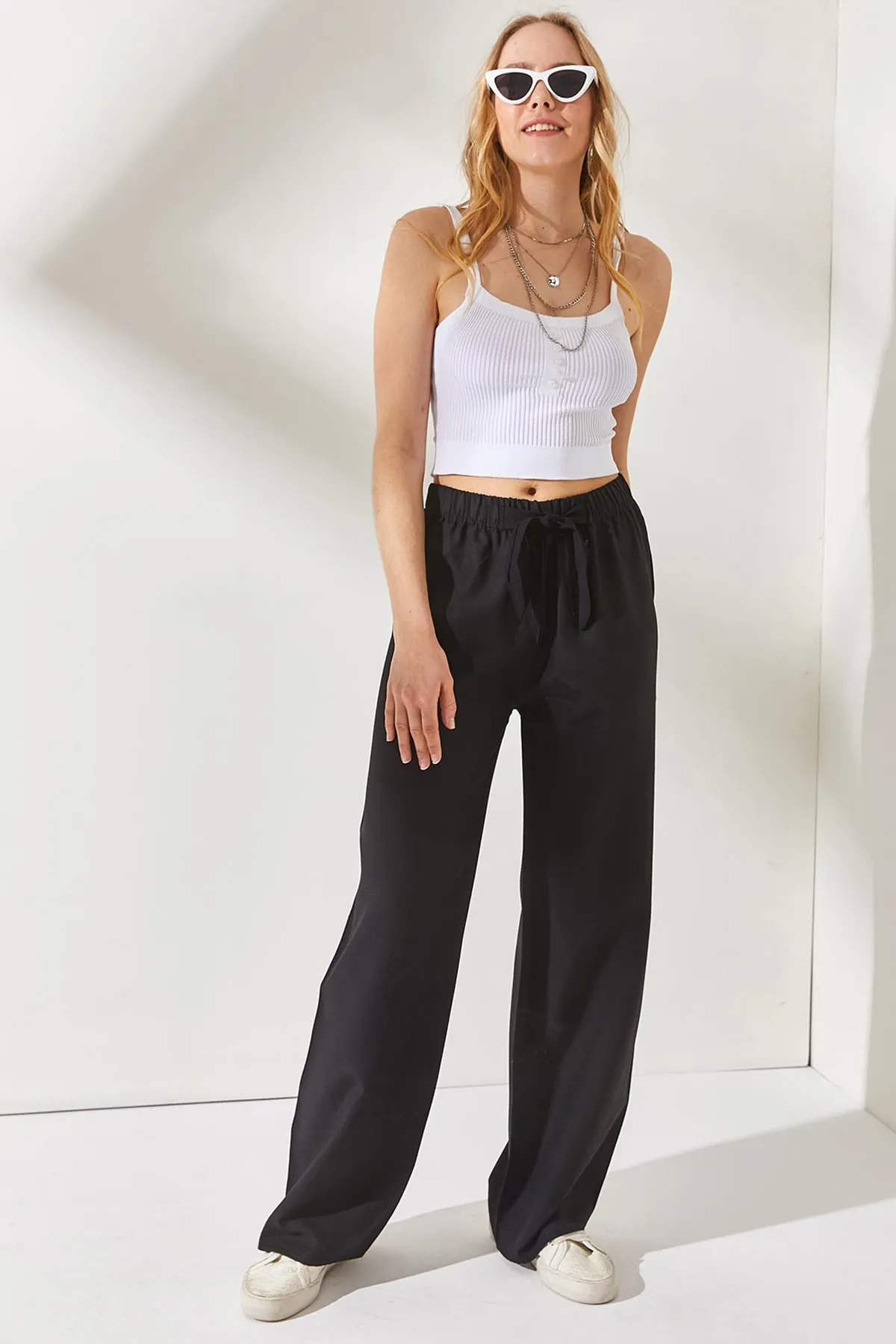 Olalook  Schwarze Palazzo-Leinenhose mit elastischem Bund und Schnürung für Damen PNT-19000219