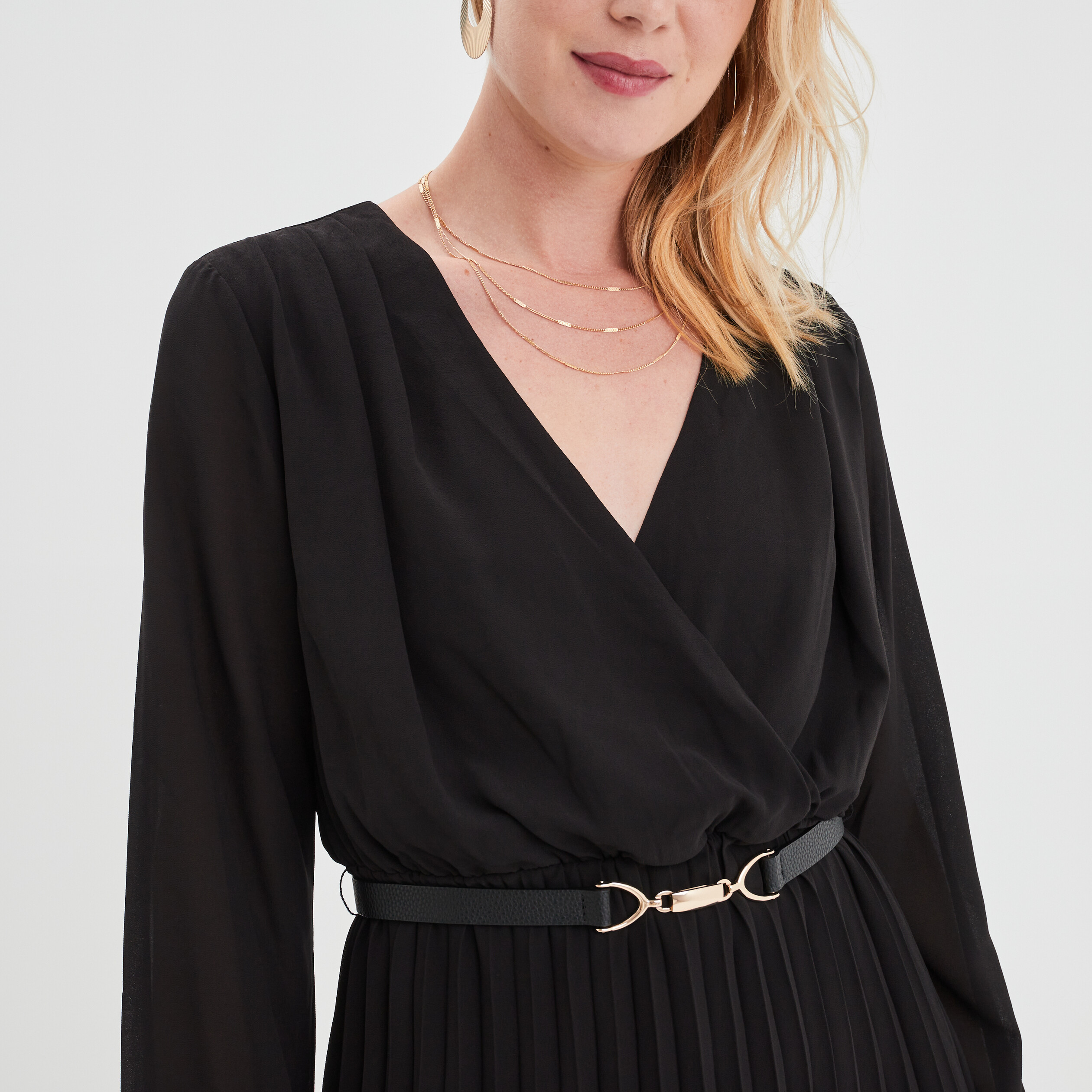 Robe ceinturée bas plissé noir femme | La Halle