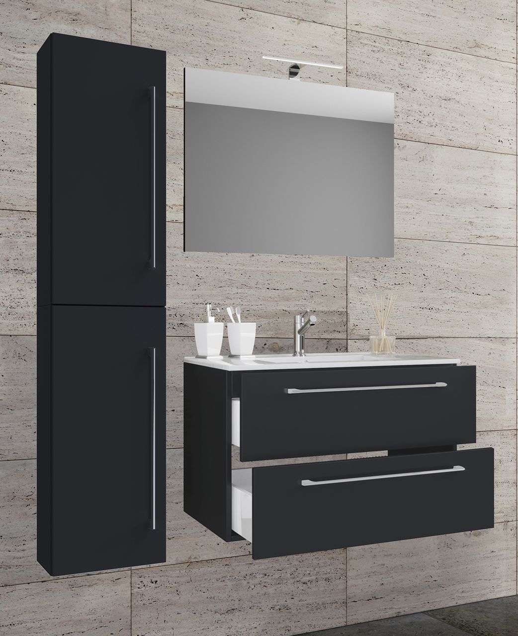 VCM 4-tlg. Waschplatz Badinos 60 cm Spiegel   Hochschrank Schwarz
