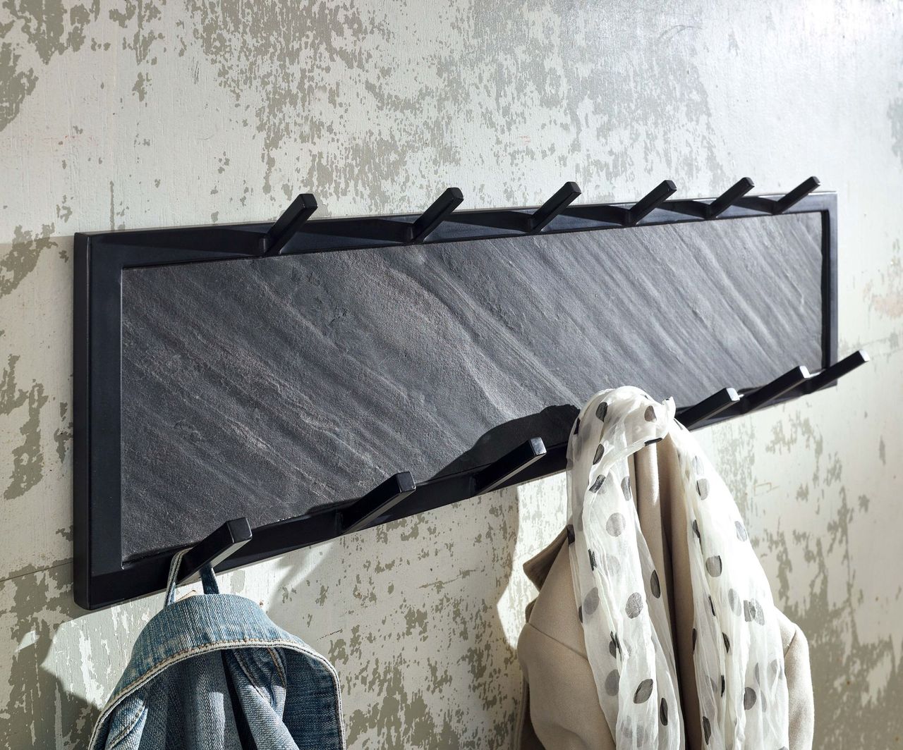 Skyport WOHNLING Garderoben Set Schwarz Holz Massiv Wandgarderobe Sitzbank Flurgarderobe