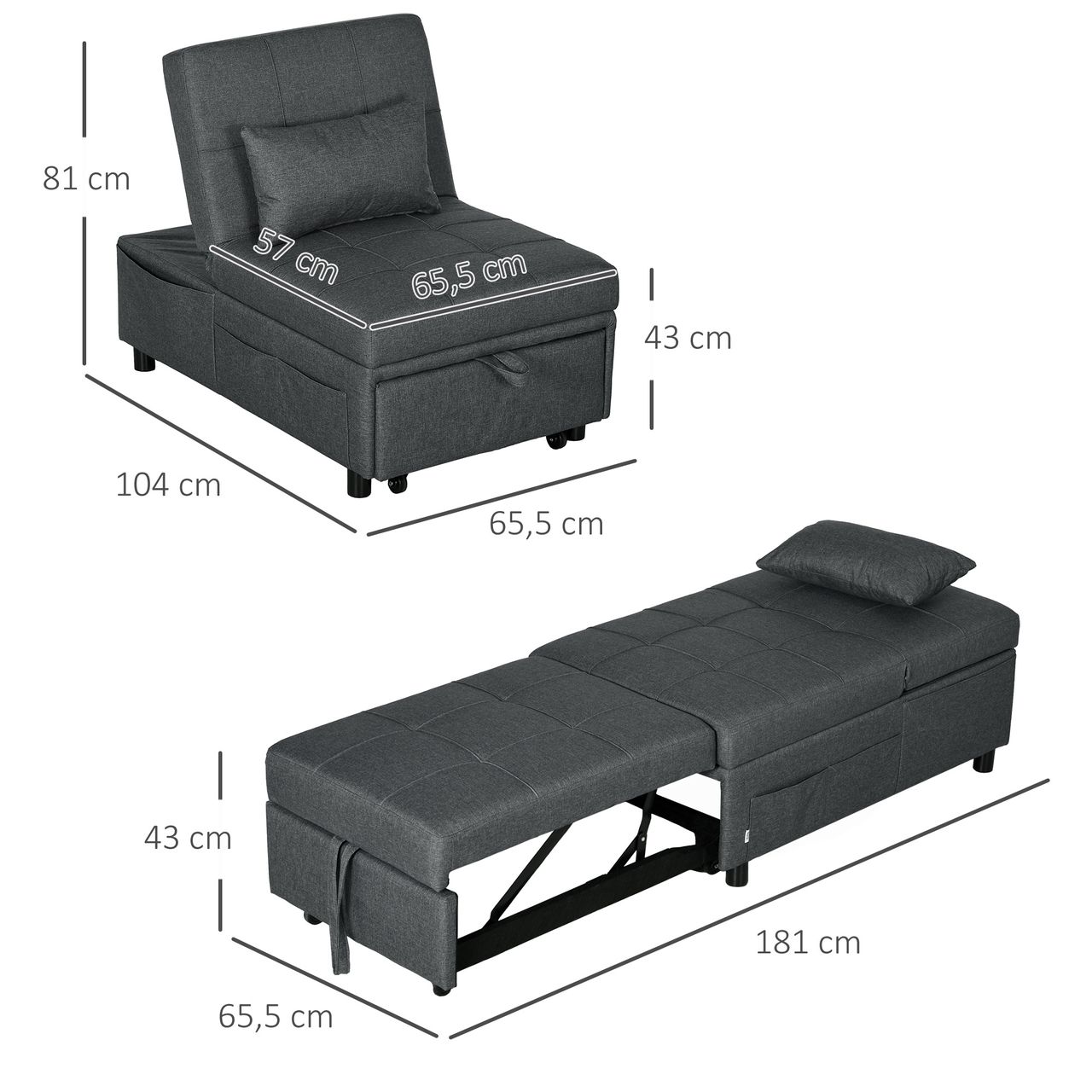HOMCOM Schlafsessel 3 in 1 Bettsessel mit Seitentasche Gästebett mit Kissen