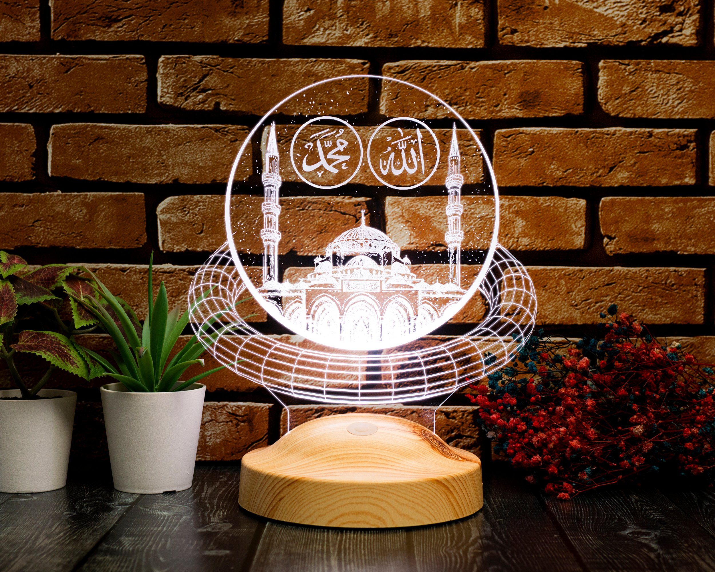 Geschenkelampe LED Nachttischlampe Moschee Nachtlicht Islamistische Deko Geschenk für Muslimischen Freund, Leuchte 7 Farben fest integriert, Allah Islamisches Kalligraphie, Eid-Dekoration
