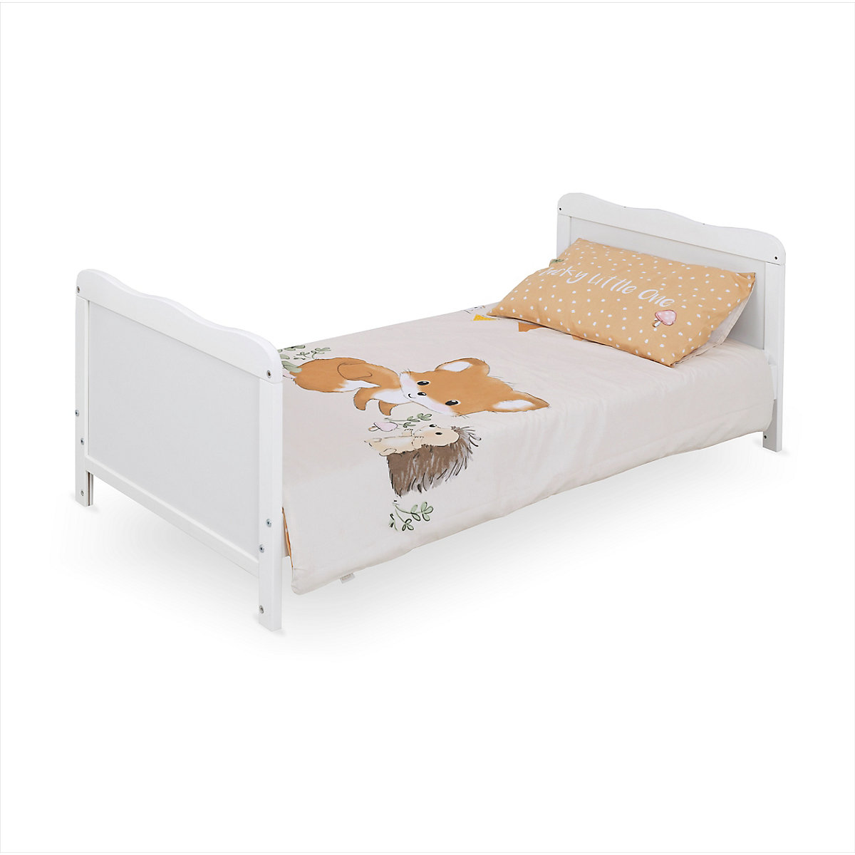 Komplettbett 70 x 140 cm, Fuchs und Igel, Kiefer weiß/gebeizt