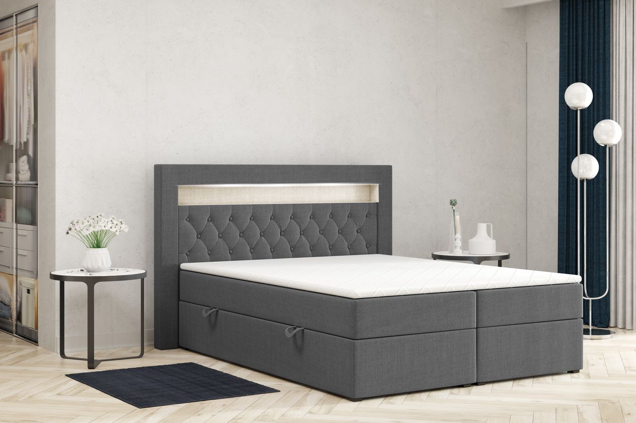 Möbel Punkt Boxspringbett DENVER mit LED und Bettkasten 180 x 200 cm Webstoff Anthrazit Bett Bettkasten
