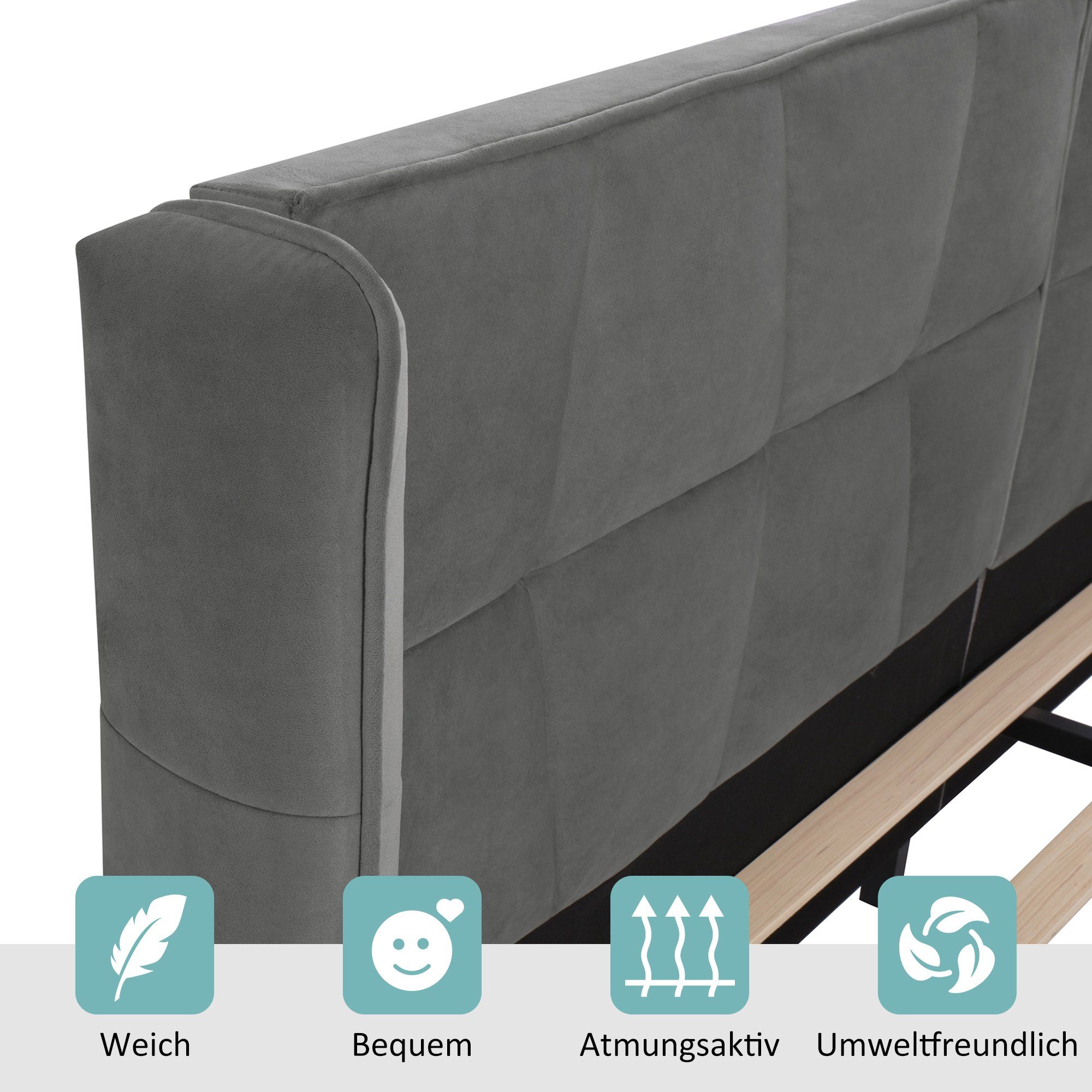 Flieks Polsterbett, Doppelbett mit Lattenrost und Kopfteil Samt 160x200cm
