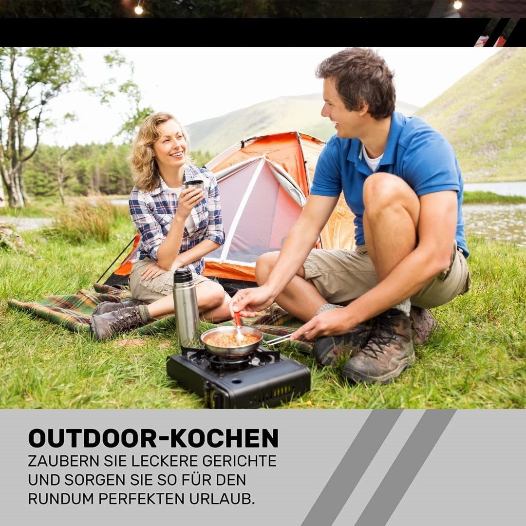 JUNG Gaskocher mobiler Campingkocher Gaskocher + 4 Kartuschen Gas, Autark verwendbar, (Gaskocher Notfall, Kartuschenkocher, Butangaskocher, praktischem Transportkoffer, erhitzen & aufwärmen Lebensmittel), mobiler Gaskocher, Outdoor geeignet Camping K