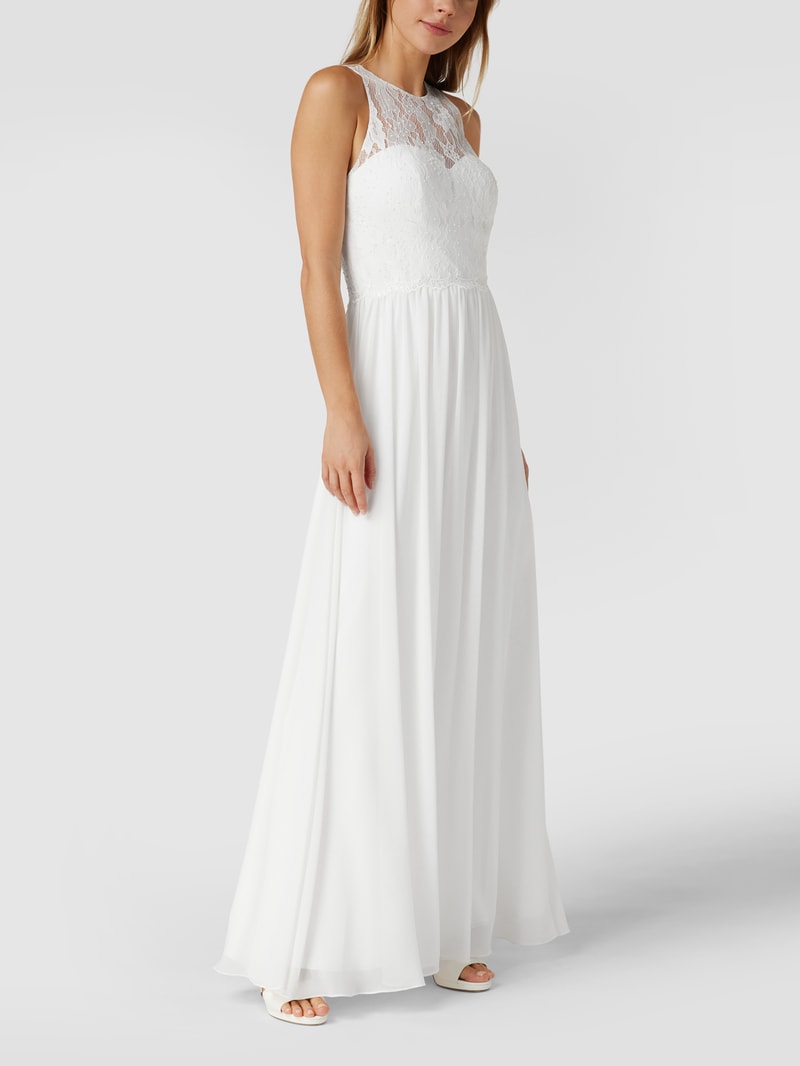 Abendkleid mit floralen Stickereien und Zierperlen in offwhite