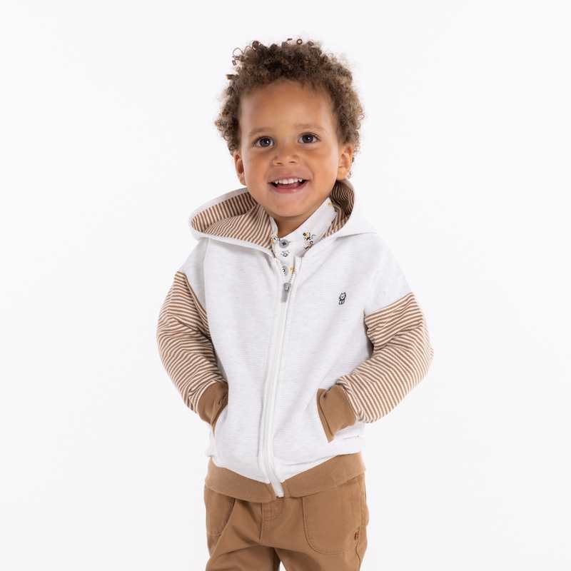 Sweat zippé effet côtelé chat brodé blanc bébé garçon