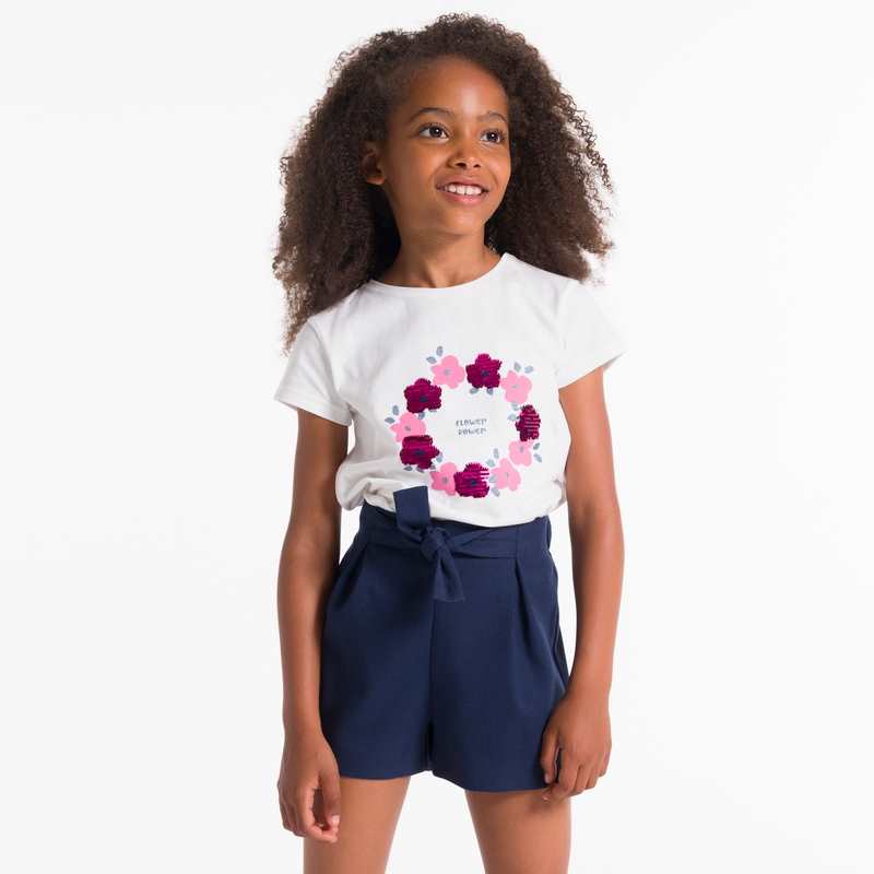 T-shirt à fleurs et sequins blanc Fille