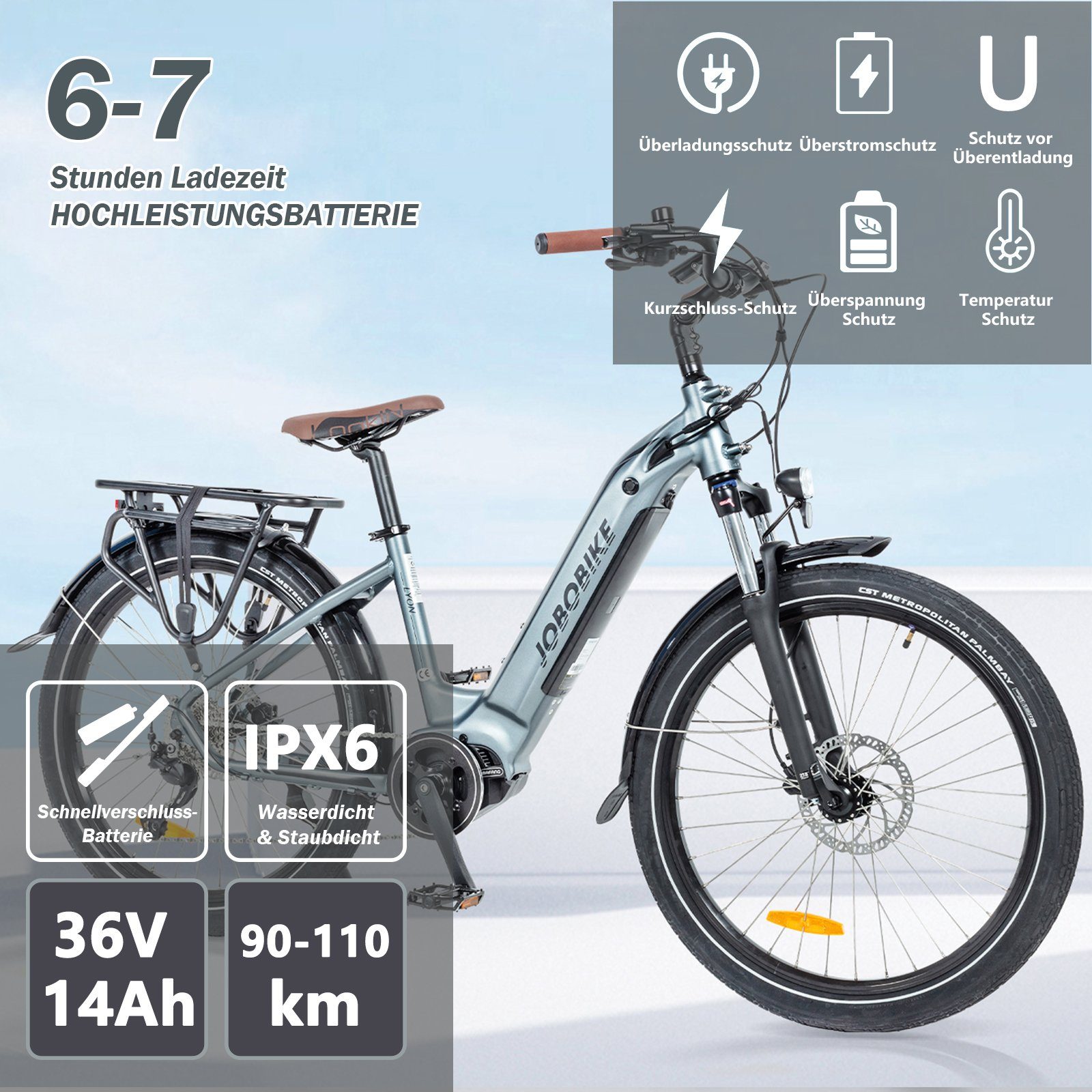 JOBOBIKE E-Bike F45 ebike sale Elektrofahrrad Damen Herren 26'' E-Cityrad, 7 Gang Shimano Shimano Schaltwerk, Kettenschaltung, Mittelmotor, 504,00 Wh Akku, (Set, mit Akku-Ladegerat, mit Werkzeug)