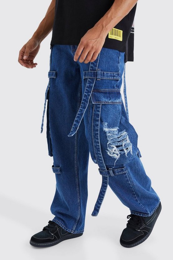 Lockere zerrissene Cargo-Jeans mit Riemchen-Detail