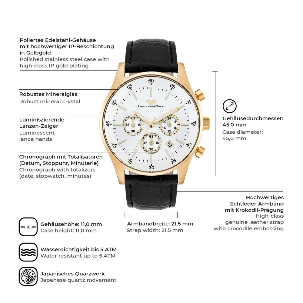 Rhodenwald & Söhne Chronographe Goodwill en Cuir véritable en Noir Montre