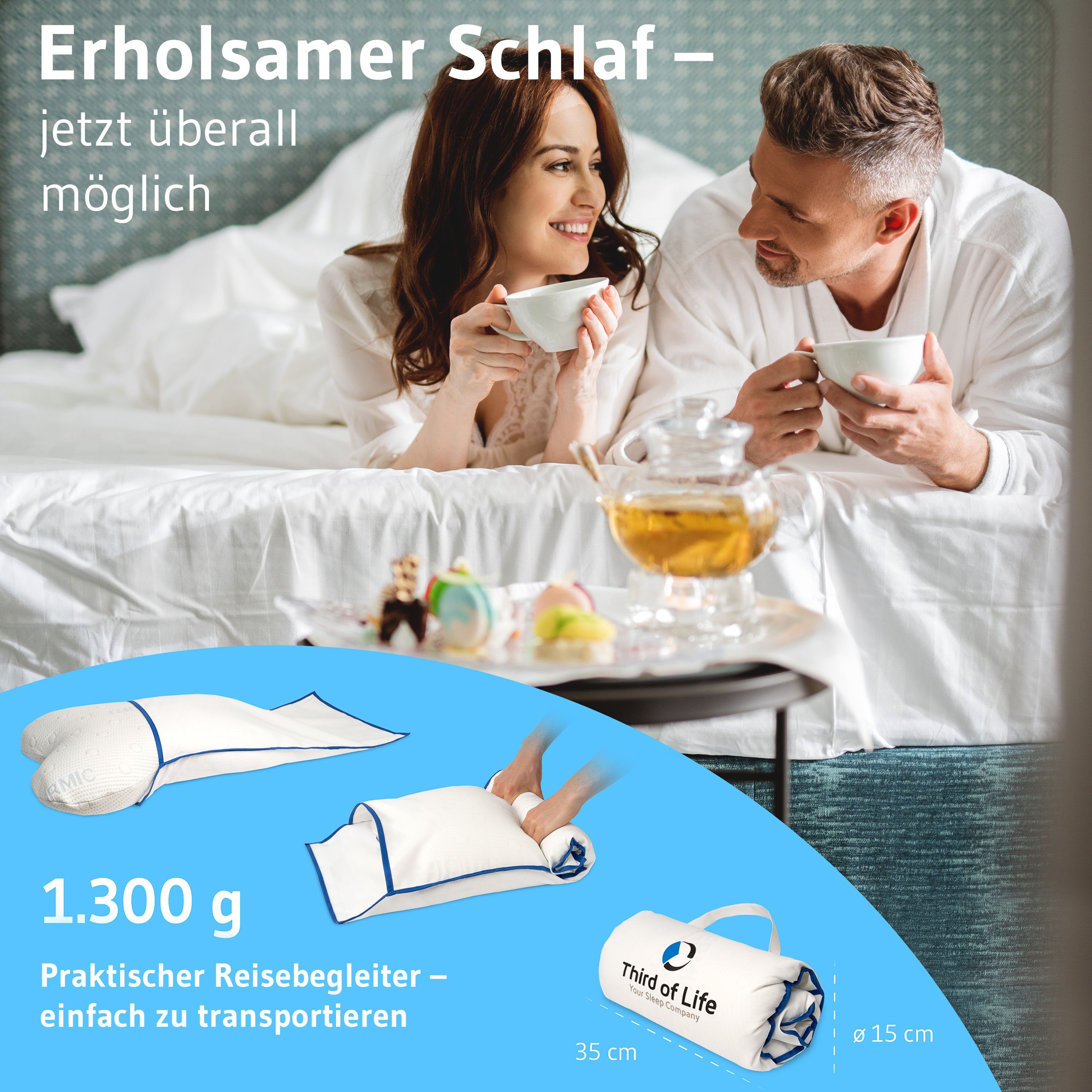 Third of Life Seitenschläferkissen ACAMAR, Ergonomisches Visco-Kopfkissen, Memory Foam Kissen mit Thermo-Bezug