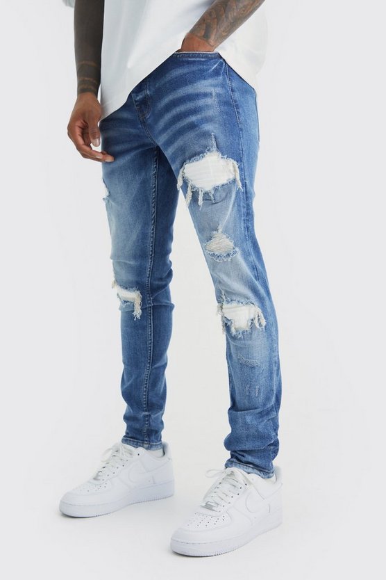 Skinny Biker Jeans aus Stretch mit Rissen und Flicken