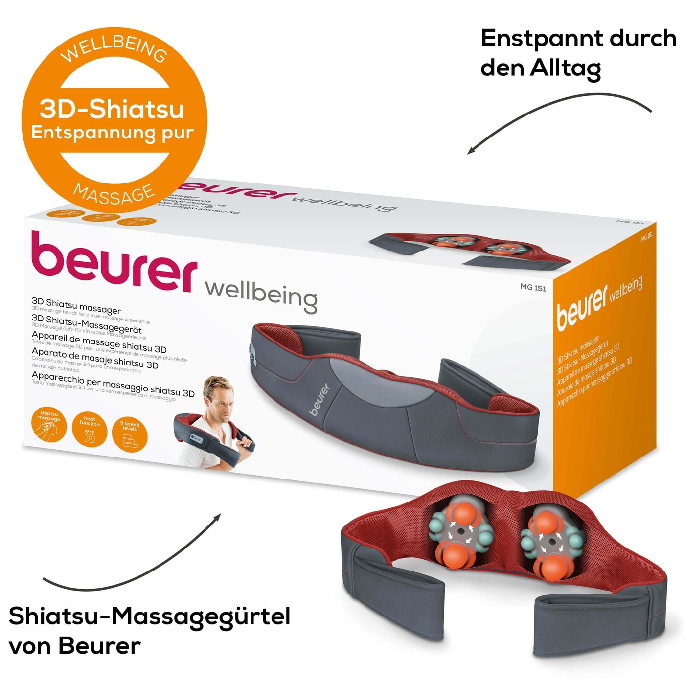 Beurer 3D Shiatsu-Massagegerät MG 151-Vielseitig einsetzbares Massagerät mit 3D Massageköpfen für ein reales Massageerlebnis