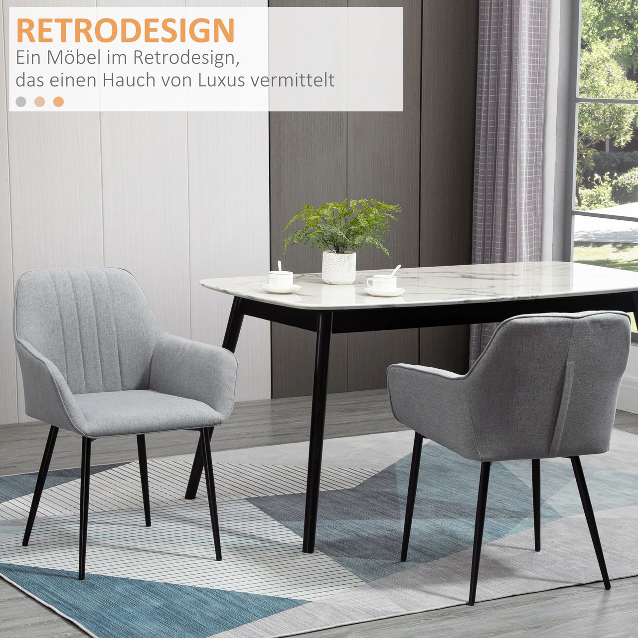 HOMCOM 2-teiliger Esszimmerstühle Essstühle mit atmungsaktivem Leinenbezug ergonomischer Küchenstuhl mit Rückenlehne Armlehne und Metallbeinen Leinen Hellgrau 59,5 x 56,5 x 81 cm