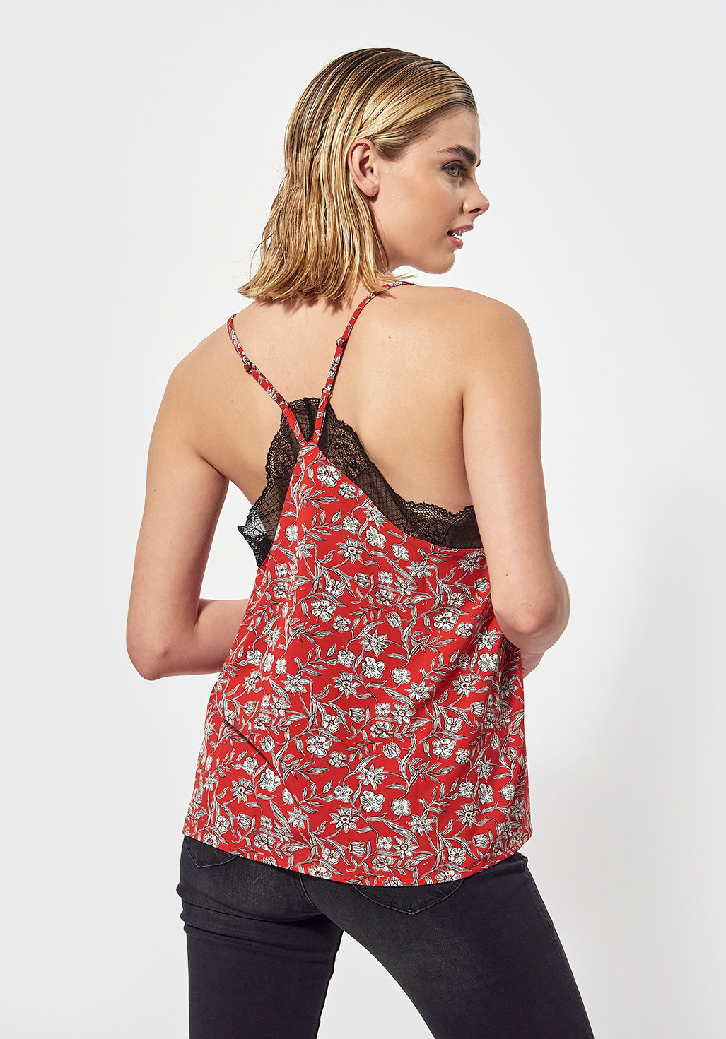 TINA  Top régular rouge femme imprimé fleuri et dentelle