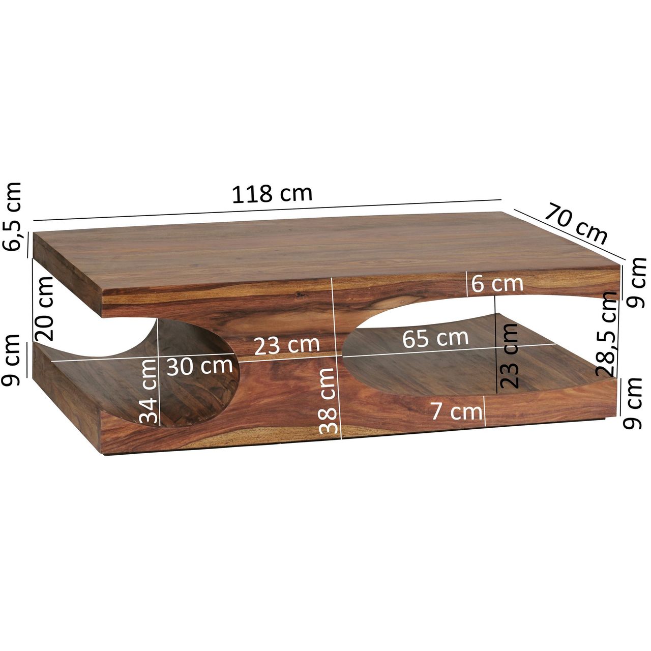 Wohnling Sheesham Massivholz Couchtisch mit Ablagefächern 118 x 70 cm