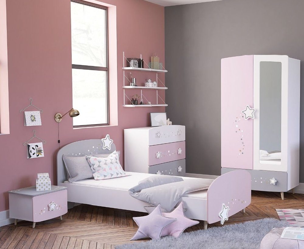 Kindermöbel 24 Komplettschlafzimmer Kinderzimmer Mädchen Sternschnuppe 4-teilig rosa weiß grau