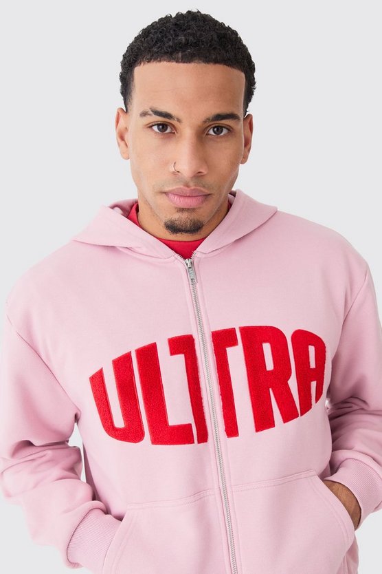 Kastiger Oversize Hoodie mit Reißverschluss und Borg-Applikation