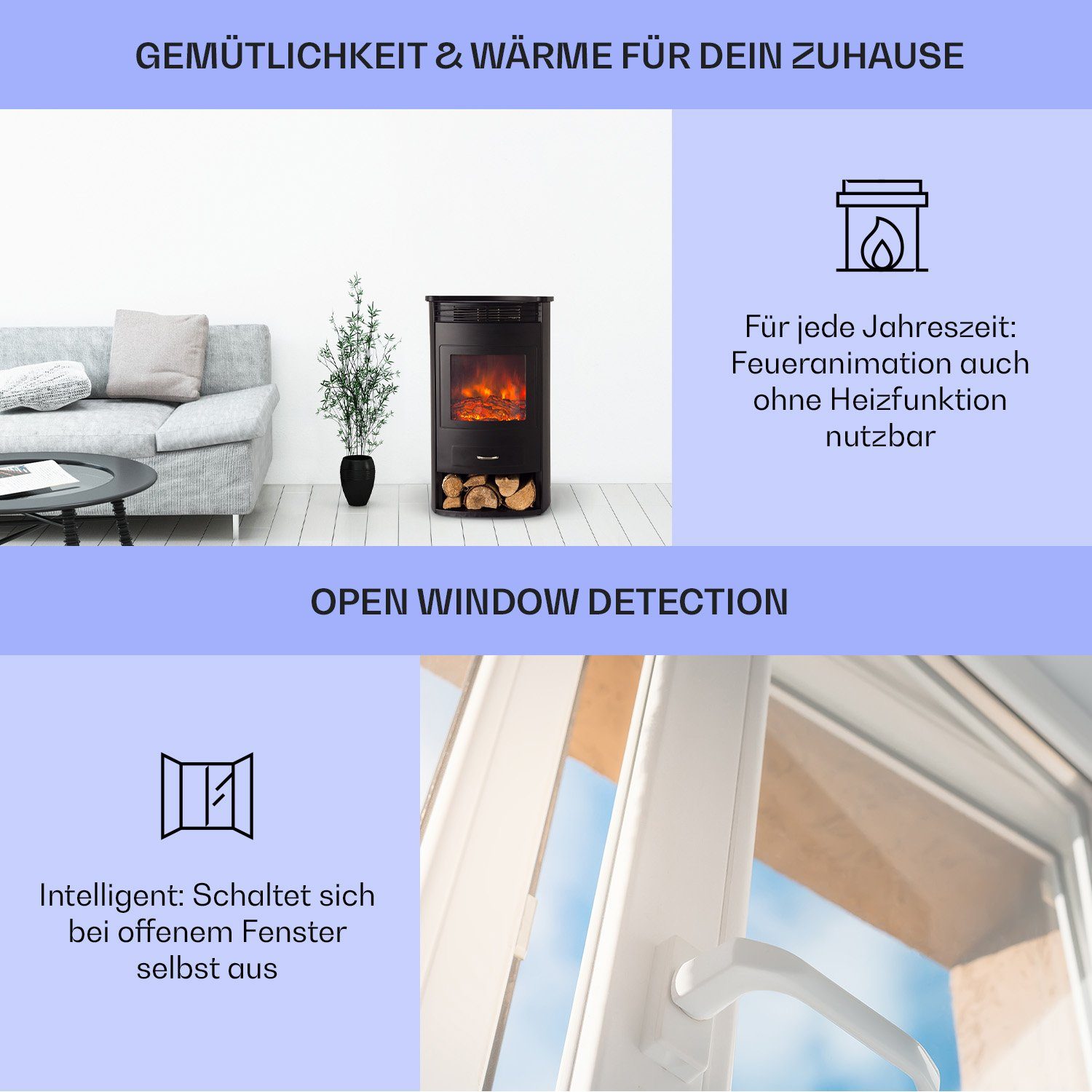 Klarstein Elektrokamin Bormio, elektrischer Kamin mit Heizfunktion Heizlüfter elektrischer Kaminofen