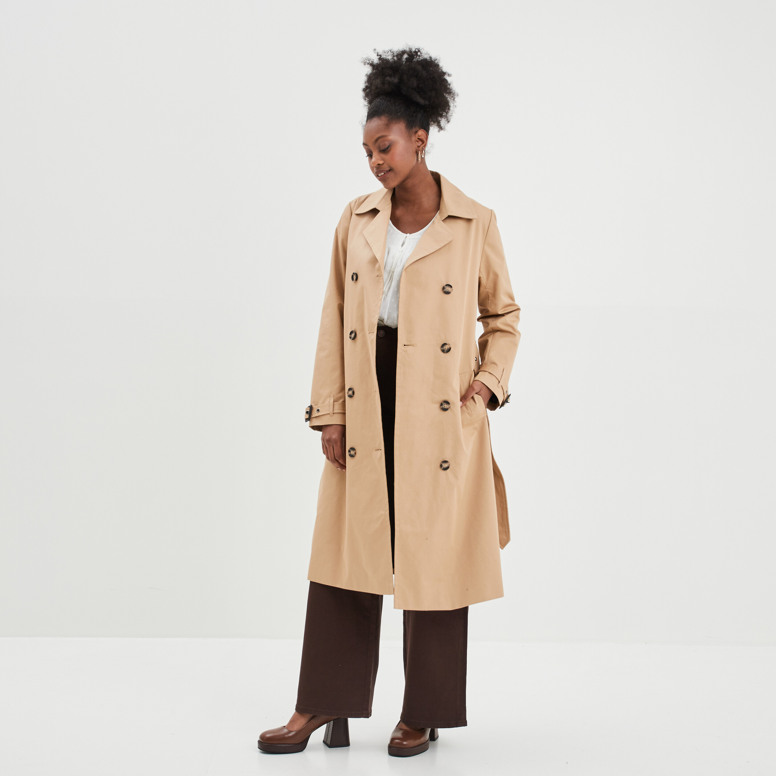 Trench long oversize ceinturé beige femme | La Halle