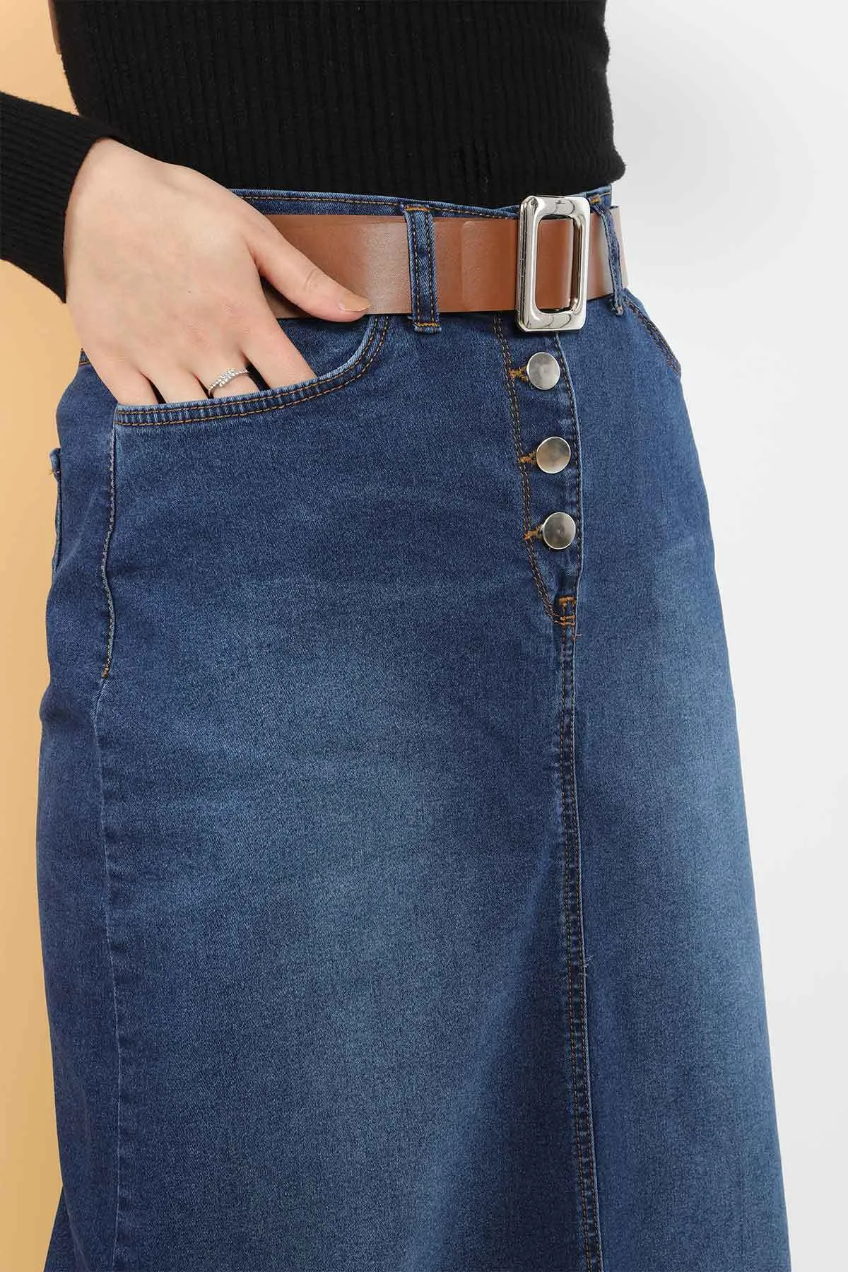 Tesettür Dünyası  Jeansrock mit Gürtel TSD231015 Dunkelblau