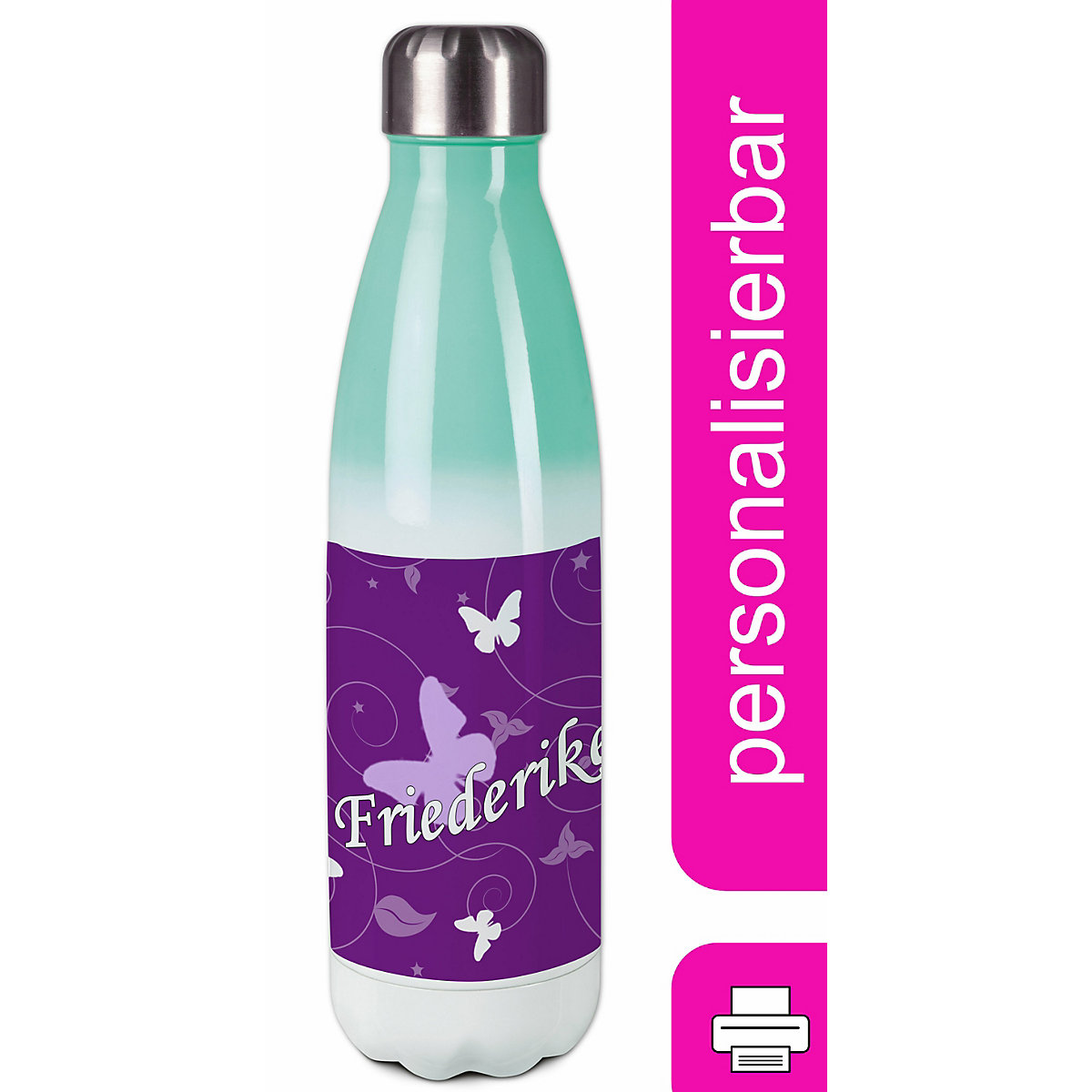 Edelstahl Kinder Thermoflasche / Trinkflasche bunt Schmetterling Ornamente Farbe lila Spülmaschinenfest, Auslaufsicher, Bruchfest, Doppelwandig, Für Heißgetränke geeignet, Mit Deckel, Isoliert