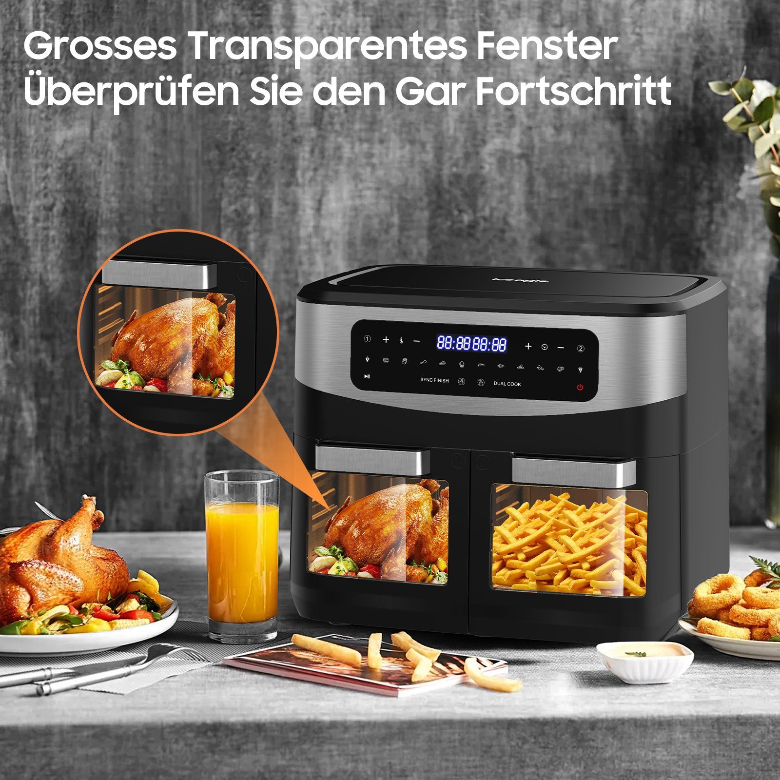 iceagle Heißluftfritteuse 5511D XXL, Air fryer 12L ohne fett, LED Touchscreen,Braten, 2200,00 W, LED Touchscreen, spuelmaschinengeeignet, Sync Finish Funktion, ohne Ol
