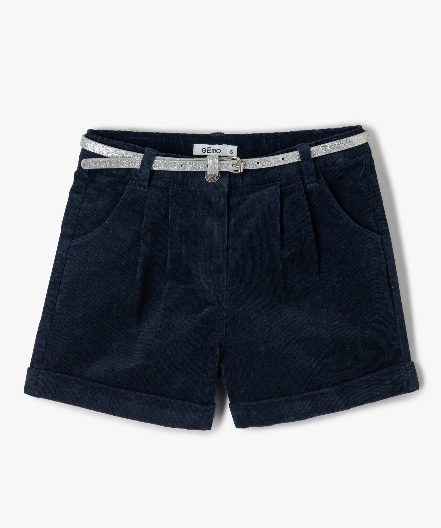 Short fille en velours ctelé avec ceinture pailletée marine | GEMO