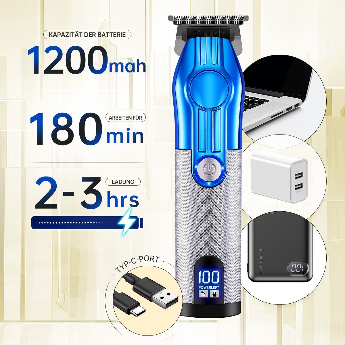 7Magic Bartschneider Professionelle Wasserdichte Haarschneider, 1200-mAh-Akku Barttrimmer herren, LED-Display Herren Trimmer