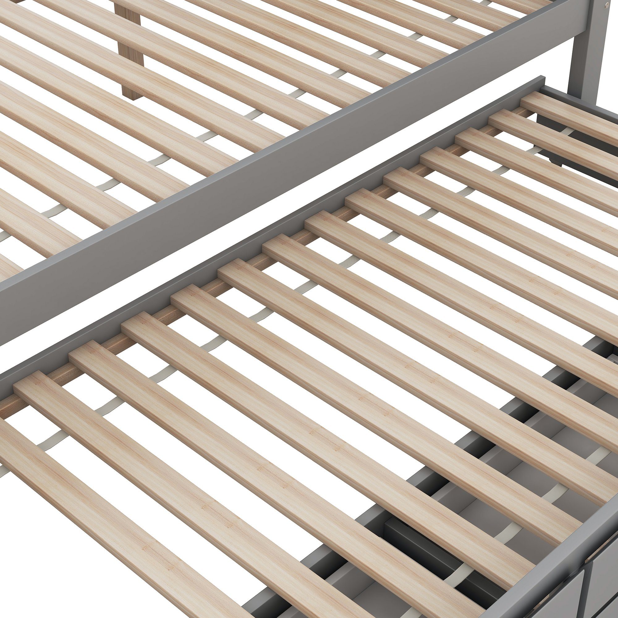 Celya Himmelbett 140 x 200 cm Pritsche mit ausziehbarem Einzelbett, und drei Ablagefächern, Grau