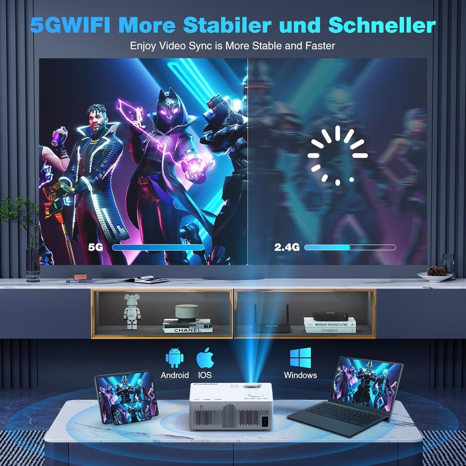 Rosemary Conley Native 1080P 5G WiFi Bluetooth, 350 ANSI 4K unterstützt Filmprojektor Portabler Projektor (13000 lm, 10000:1, 3840 x 2160 px, Maximal 300“ Display Heimkino Video kompatibel TV-Stick Mobiltelefon)