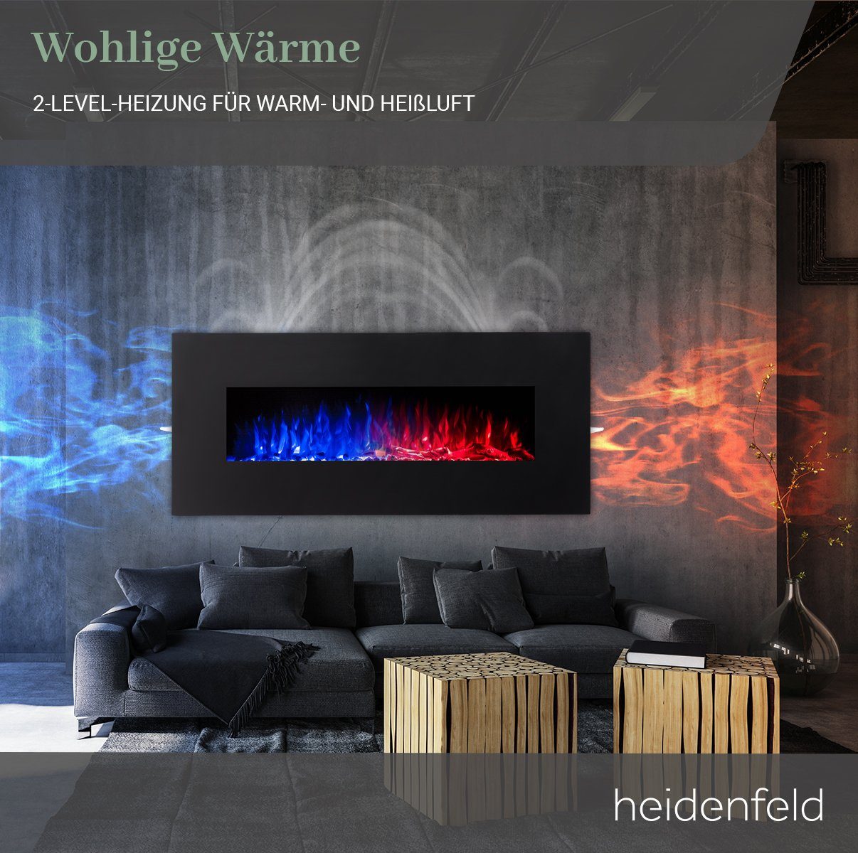 Heidenfeld Elektrokamin Kamin Heizung Wandkamin HF-WK300 750/1500 Watt inkl. 3 J. Garantie, 3D Flammen - 10 wählbare LED Farben - Fernbedienung - Elektroheizung