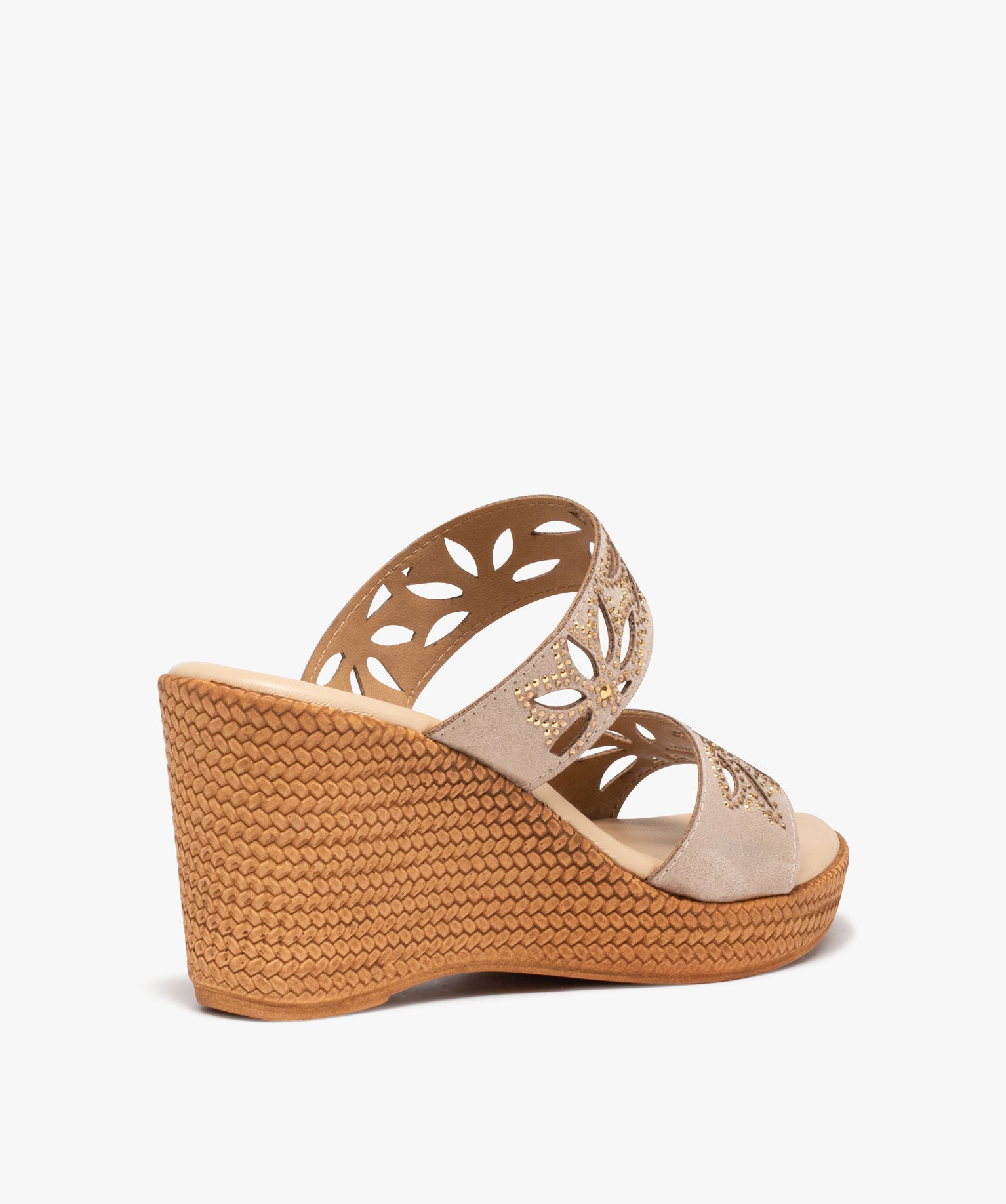 Mules femme compensées à brides strass ajourées beige | GEMO