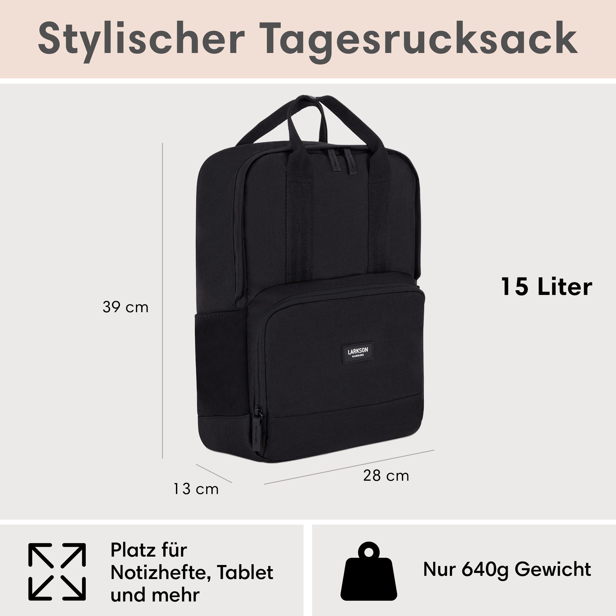 LARKSON Cityrucksack No 6 Laptop Rucksack Damen Herren, Tagesrucksack, Laptopfach, Wasserabweisend