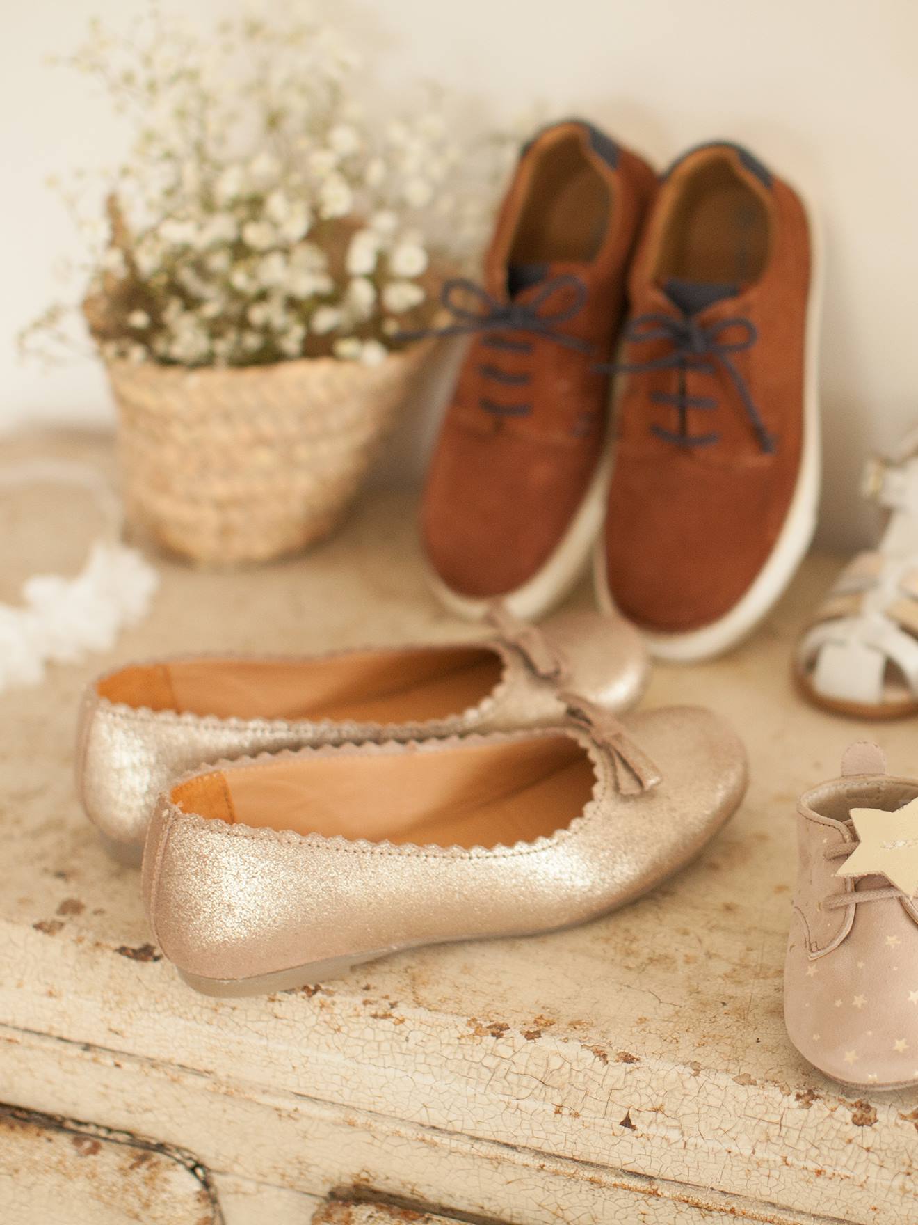 Ballerines cuir fille beige metallisé
