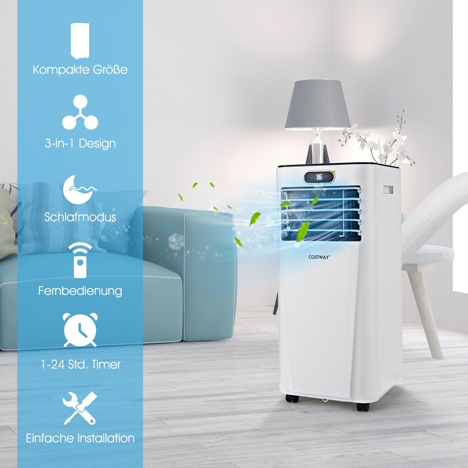 COSTWAY 3-in-1-Klimagerät, 7000BTU/2,1kW, für Räume bis 65m³, Fernbedienung