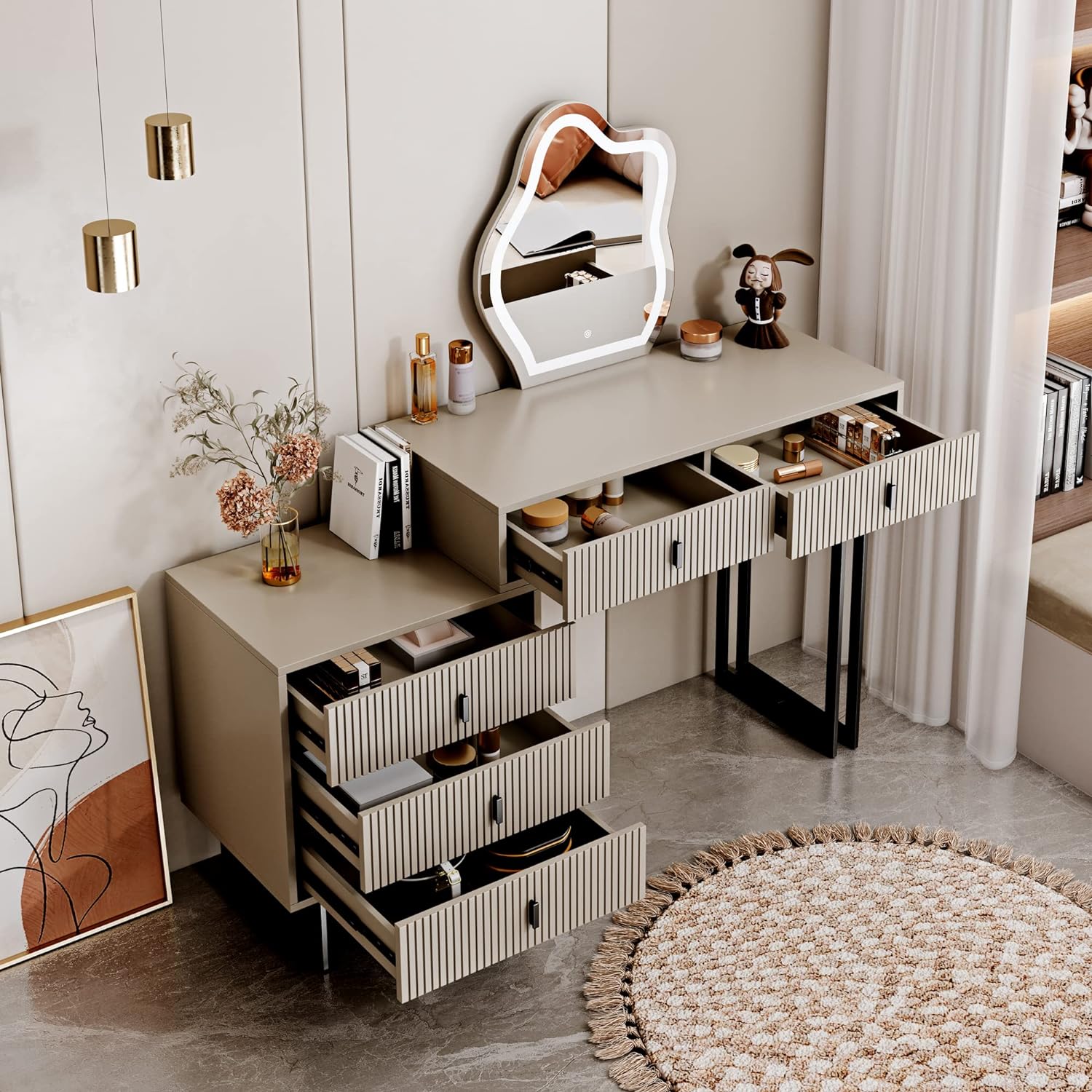 leejdn Dresser with 3 Color Touch Screen Dimming Mirror, Modern Makeup Dresser with Adjustable Cabinets and 4 Sliding Drawers, Powder Room, Bedroom Dresser Set
