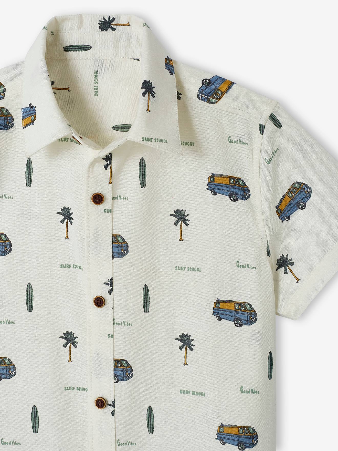 Chemise manches courtes motifs style surfwear garçon avec touche de lin blanc imprimé