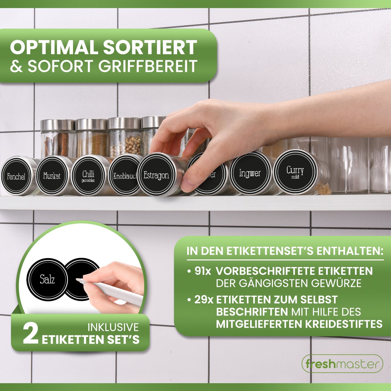 freshmaster Gewürzmühle 24er Set je ca.100 ml Gewürzstreuer, (24 Stück)