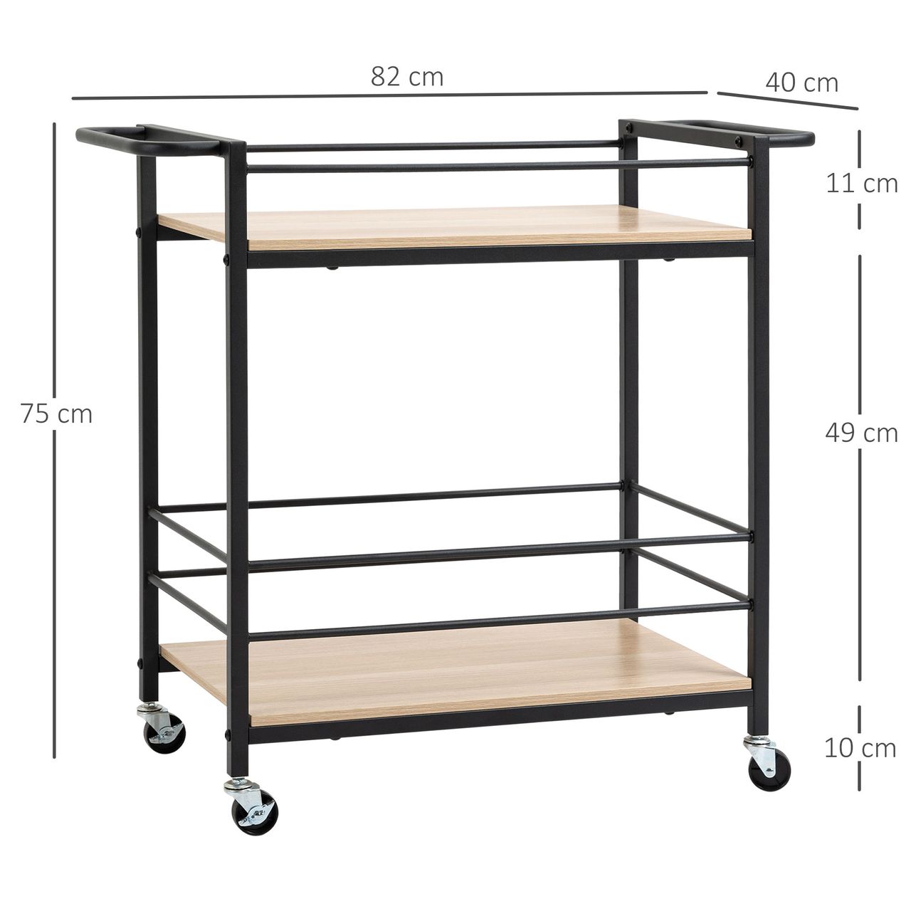 HOMCOM Küchenwagen Servierwagen Aufbewahrungswagen Beistellwagen mit 2 Ebenen und Griff Rollenwagen für Küche Esszimmer Wohnzimmer Belastbarkeit 60 kg Spanplatte 82 x 40 x 75 cm