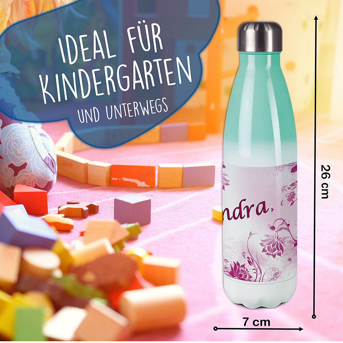 Edelstahl Kinder Thermoflasche / Trinkflasche bunt Blumenranke Farbe brombeere Spülmaschinenfest, Auslaufsicher, Bruchfest, Doppelwandig, Für Heißgetränke geeignet, Mit Deckel, Isoliert